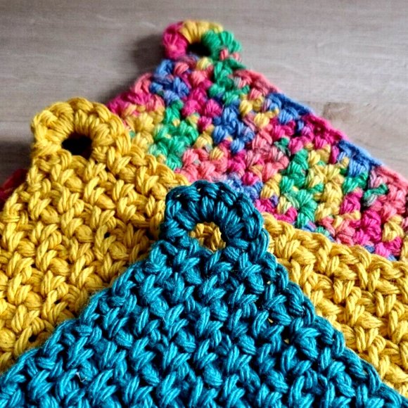 3 Crochet DISHCLOTH WASHCLOTH 100% Cotton Handmade Rainbow Teal Mustard - Picture 4 of 15